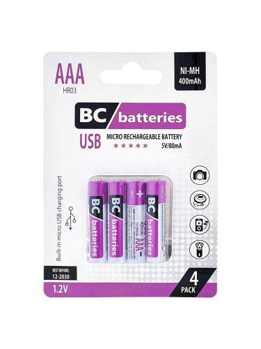 BC micro usb reîncărcabilă AAA micro baterie 400 mAh RH6 1.2V B4