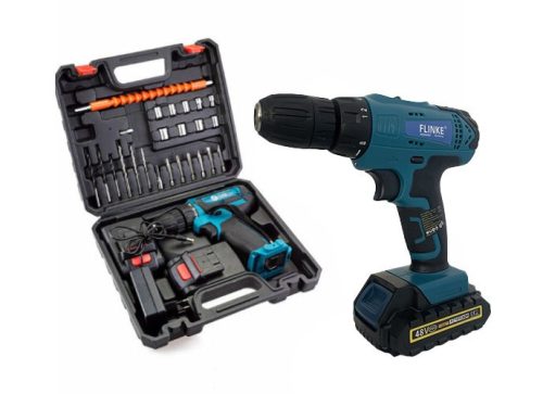 Set burghiu şi şurubelniţă Flinke cu 28 de accesorii + 2 baterii Li-ion 48V alba