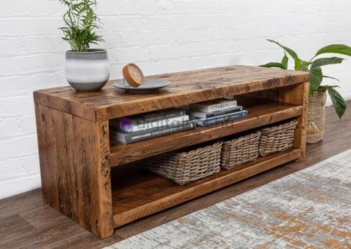 Stand TV rustic realizat manual, unitate media din lemn de esenţă tare