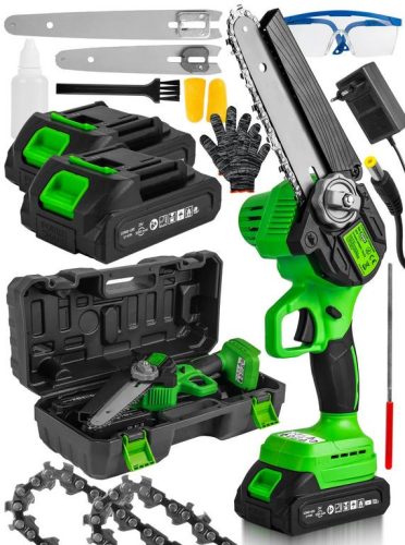 Fierăstrău electric cu lanţ, mini, cu acumulator 1000W, 6" şi 8" şină, 2 bateri