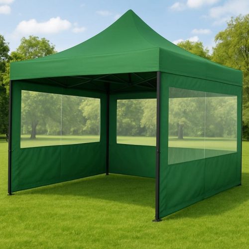 Pavilion de grădină pliabil + perete lateral transparent, dimensiune 3x3m - verd