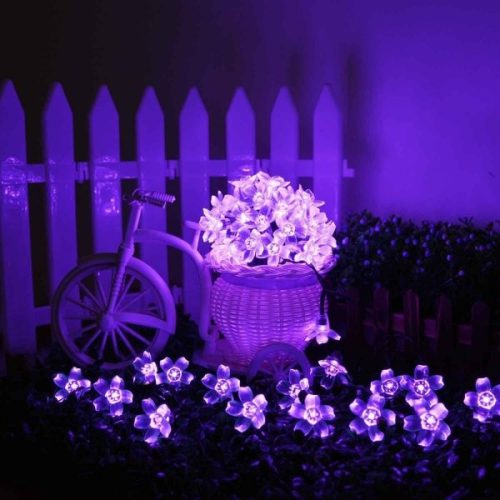 Şir de lumini solare, 50 LED, design cu flori de cireş, violet Sakura, 5m, exter